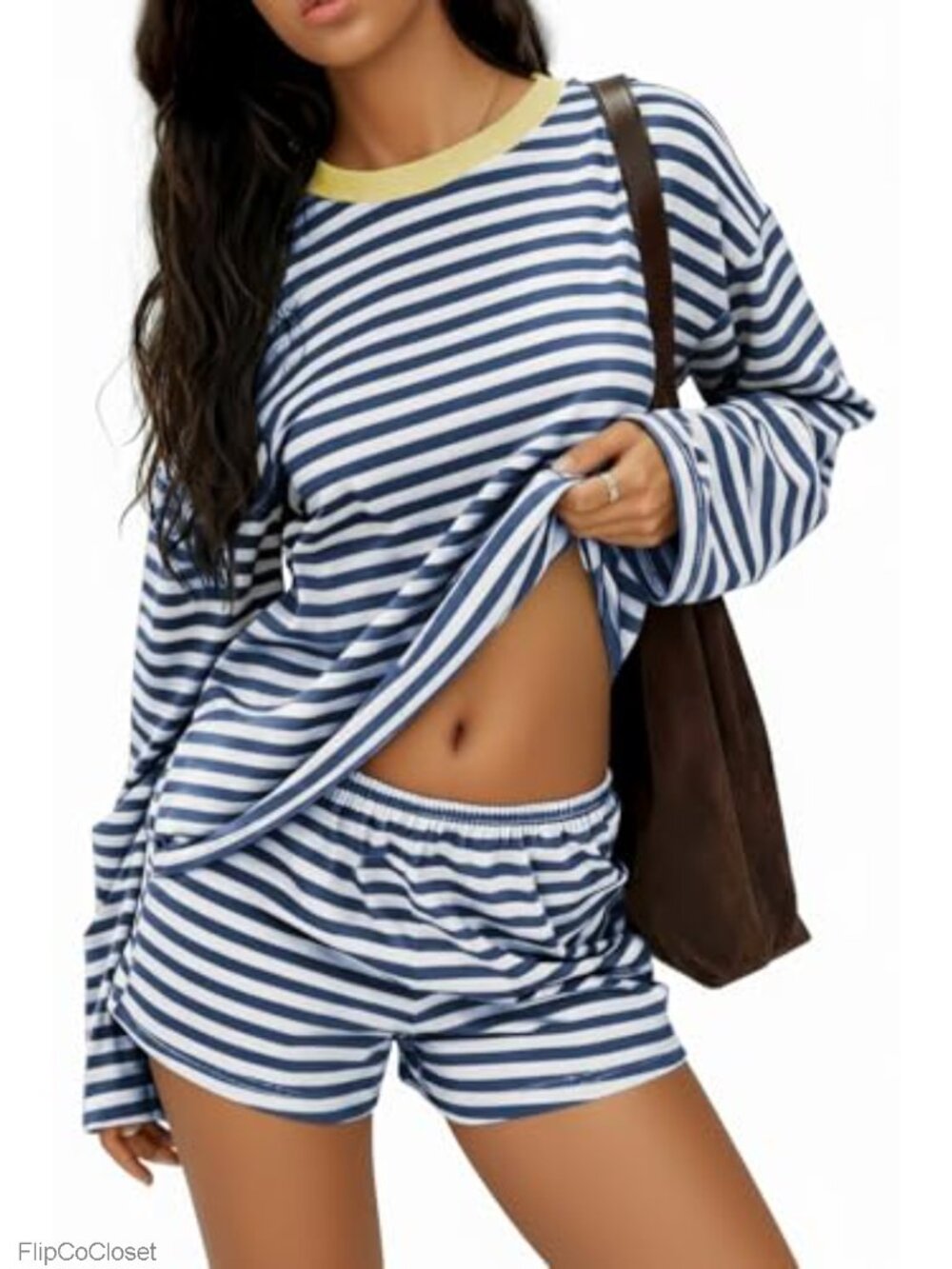 Women 2 Piece Cotton Lounge Set Long Sleeve Top & Shorts Loose Fit